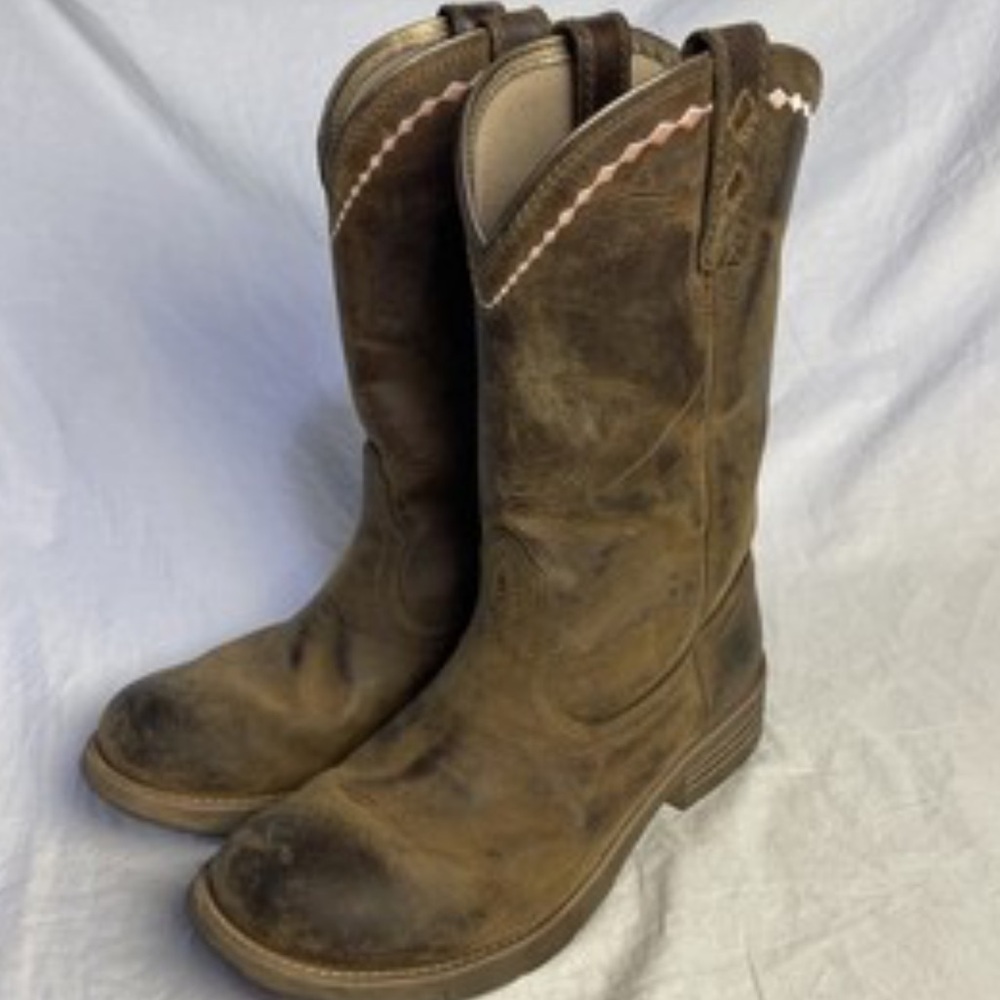 Ariat Distressed Brown Leather Boots with Pink Trim